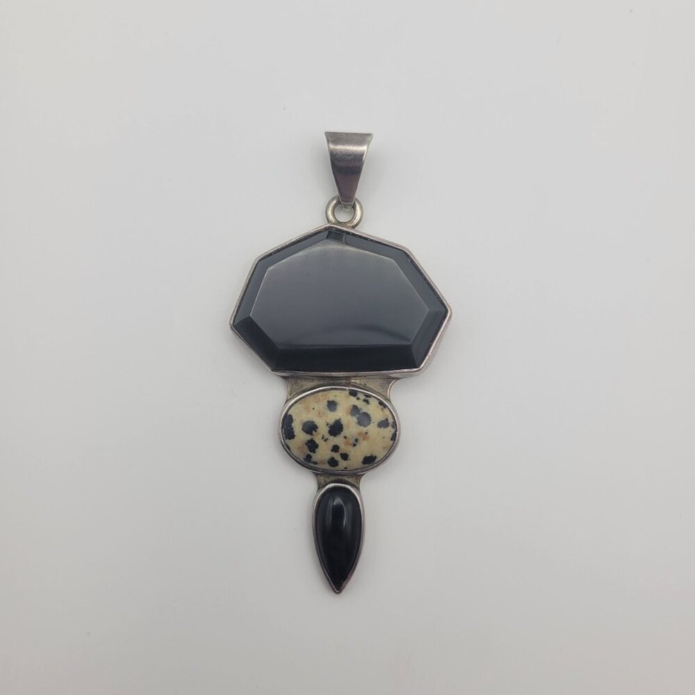 Sterling Silver Obsidian Dalmatian Jasper Stone Pendant Large Signed 906